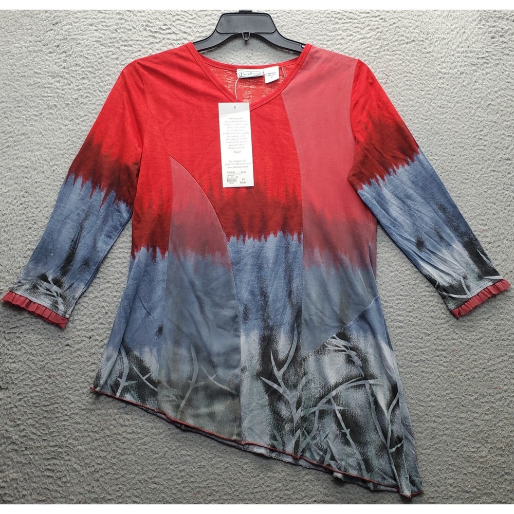 Patchington Tunic Top Womens M Multi-Printed Asymmetrical Hem Long Sleeve V-Neck